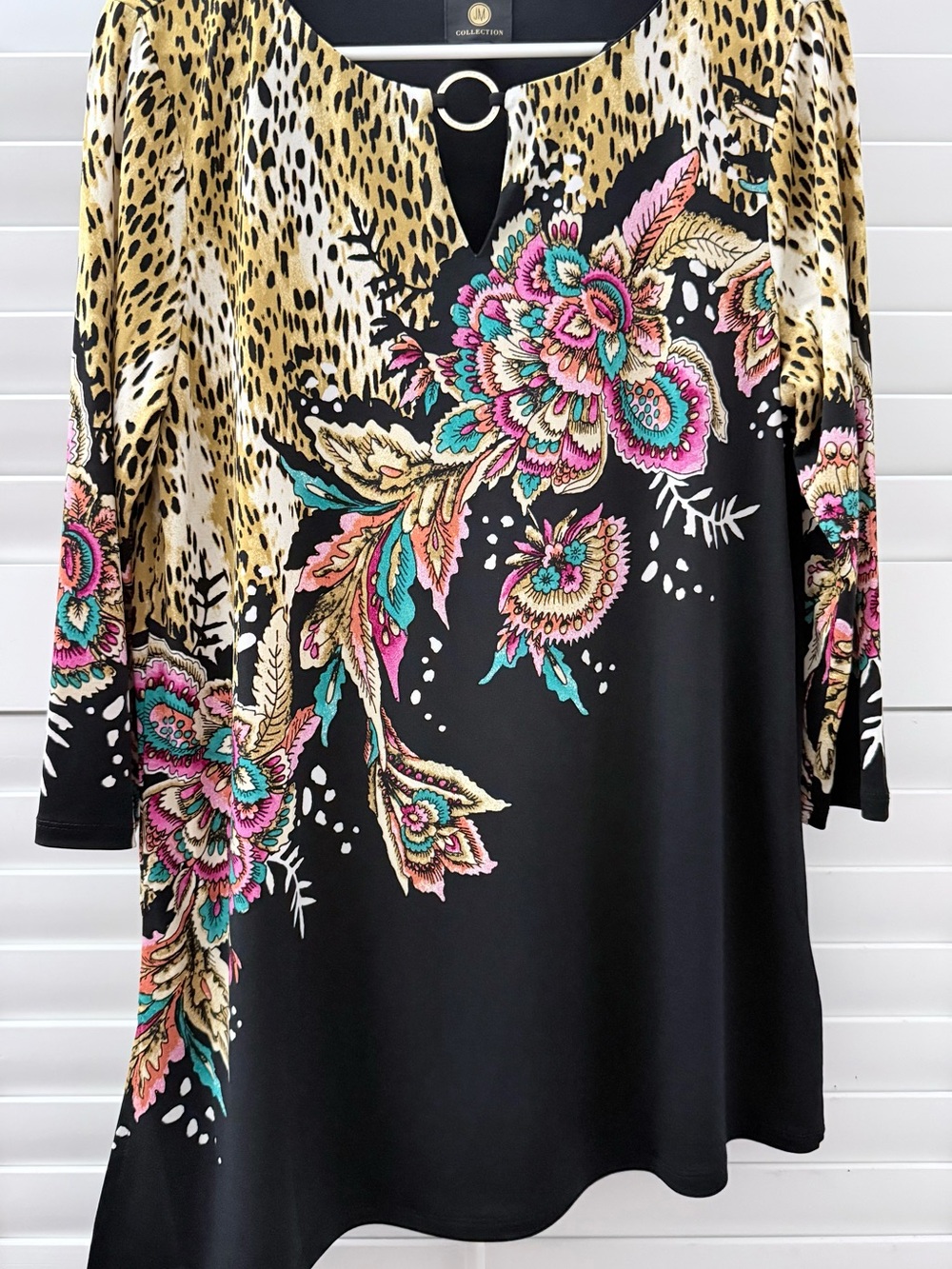 Express Black Floral & Leopard-Print Ring-Neck Tunic
